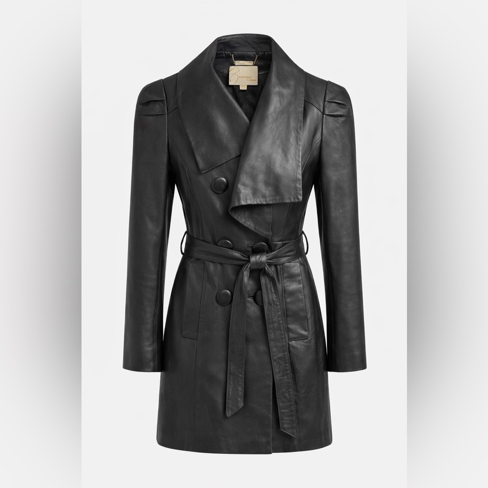 Vero Moda Lambskin Leather Trench Coat Black Belted XS S